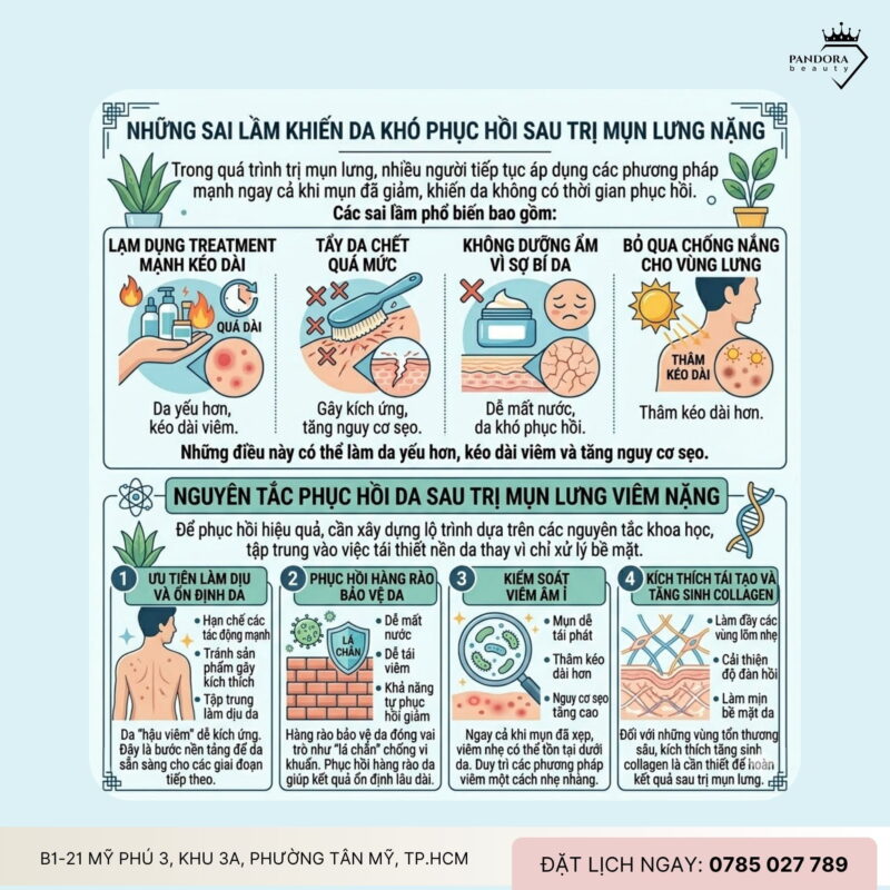 Trị mụn lưng viêm nặng & phục hồi sau điều trị: Lộ trình tái thiết nền da an toàn, bền vững