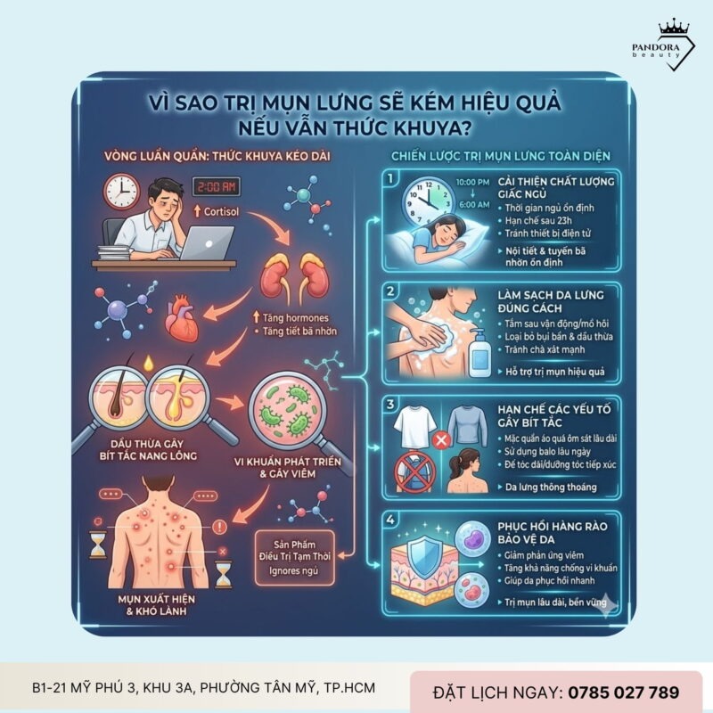 Trị mụn lưng do thức khuya: Vì sao thiếu ngủ khiến mụn lưng kéo dài?