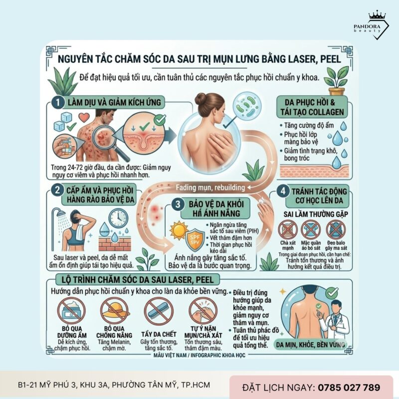 Trị mụn lưng & chăm sóc da sau laser, peel: Hướng dẫn phục hồi chuẩn y khoa cho làn da khỏe bền vững