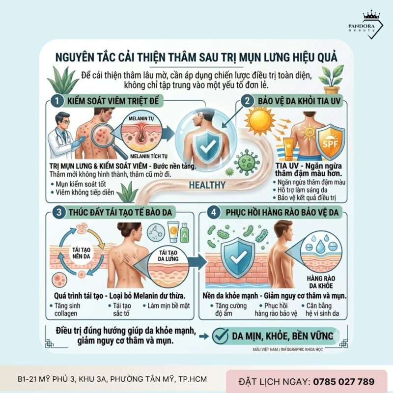Trị mụn lưng & xử lý thâm mụn lâu mờ: Lộ trình cải thiện sắc tố và phục hồi nền da hiệu quả