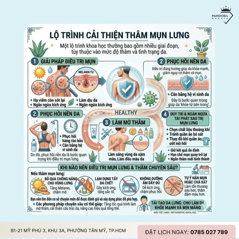 Trị mụn lưng & xử lý thâm mụn lâu mờ: Lộ trình cải thiện sắc tố và phục hồi nền da hiệu quả