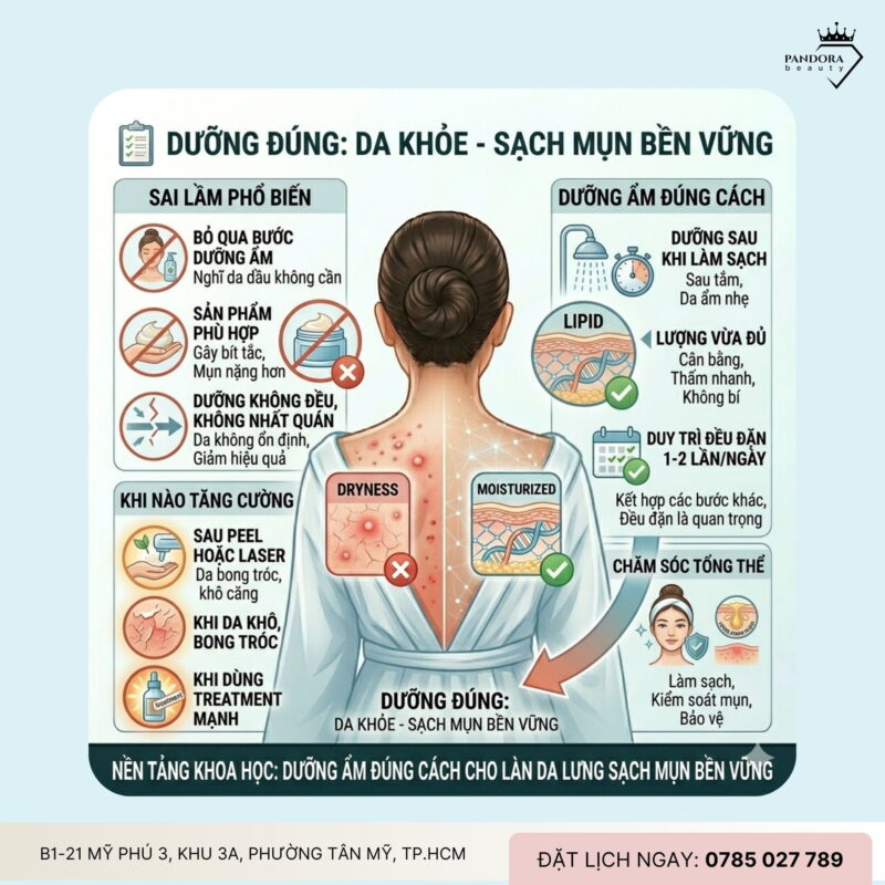 Trị mụn lưng & dưỡng ẩm da lưng mụn: Nền tảng quan trọng cho làn da khỏe, sạch mụn bền vững