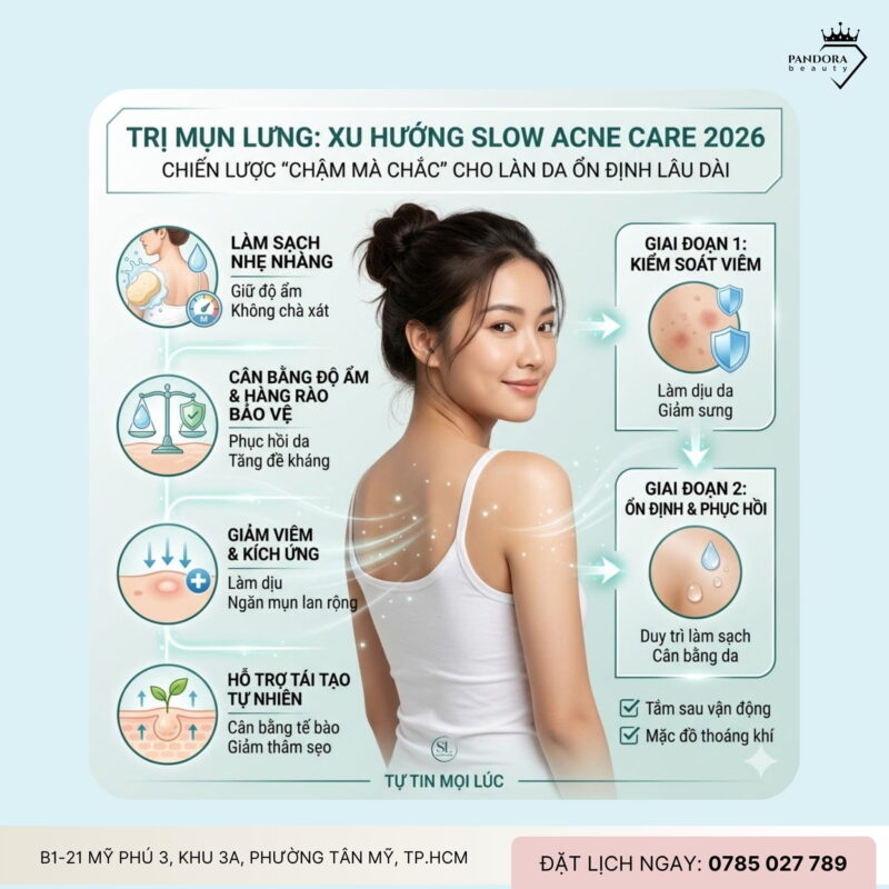 Trị mụn lưng theo xu hướng Slow Acne Care 2026: Chiến lược “chậm mà chắc” cho làn da ổn định lâu dài